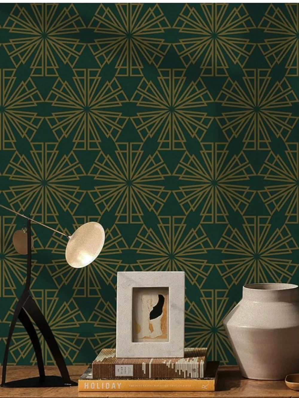 NWT Dark Green & Gold Peel & Stick Wallpaper, Self-Adhesive, 17.3” x 393.7”